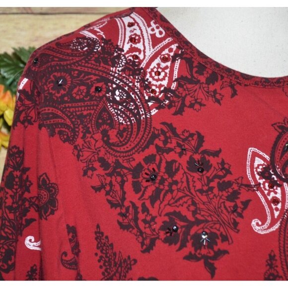 Alfred Dunner Ladies L Red & Black Paisley Print Knit Tunic Top Beads Sequin - Picture 3 of 11